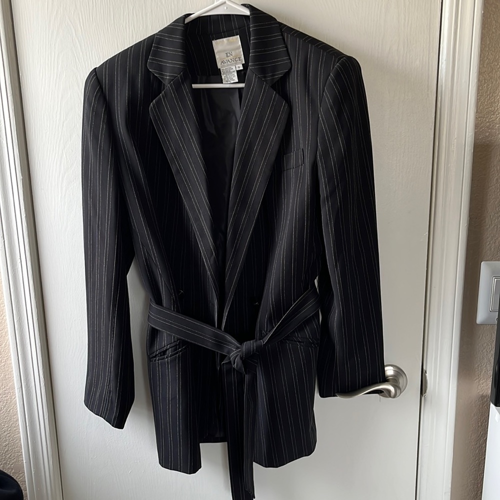 Black Pinstripe Blazer with Belt